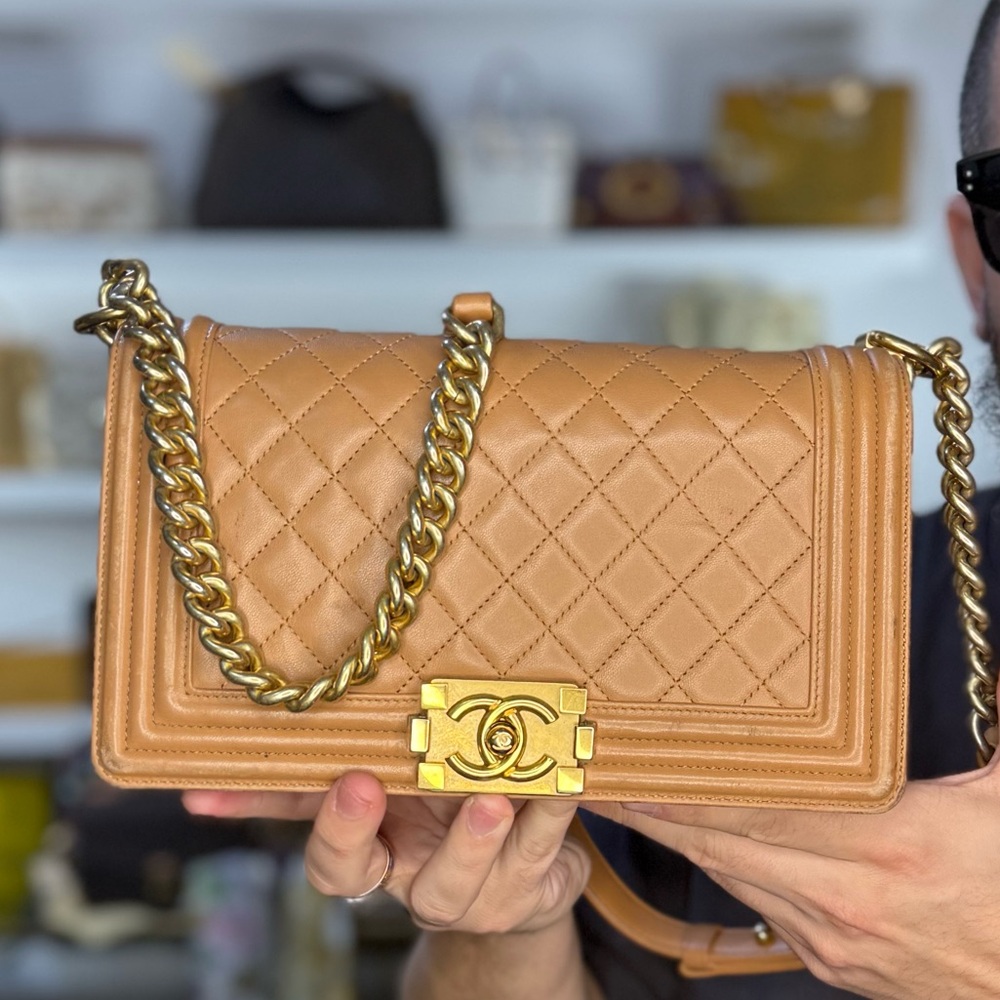 CHANEL Tan Quilted Boy Flap Shoulder Bag with Gold Hardware